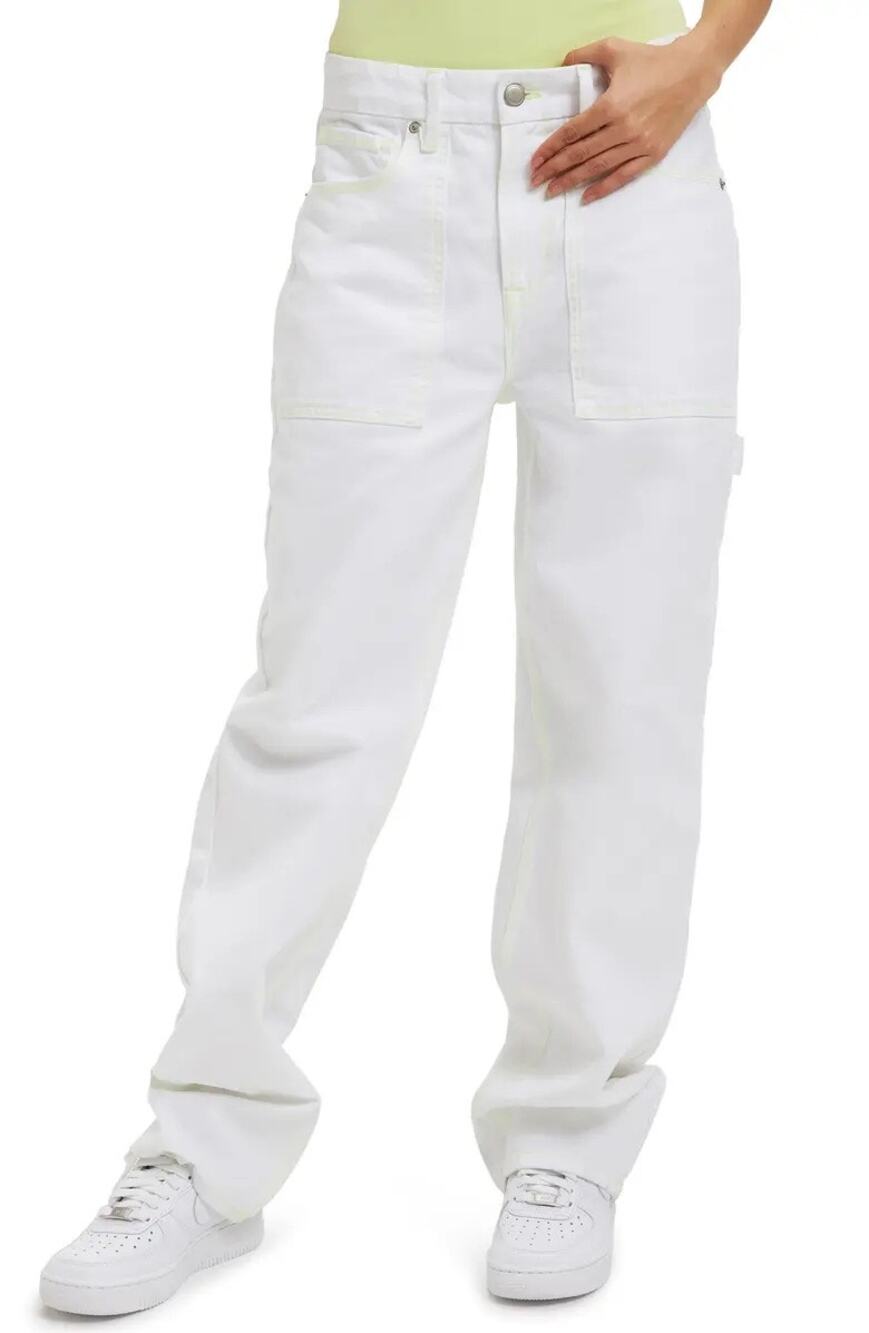 Good American Good 90s Carpenter Jeans White Lime Stitch Size 12 NWT